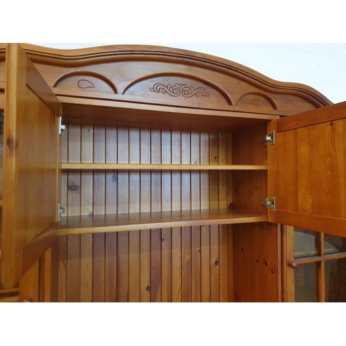 294 - Large Pine Display / Lounge Unit with 2 x Glass Doors, Arched & Carved Top, 3-Drawers and Cupboards,... 