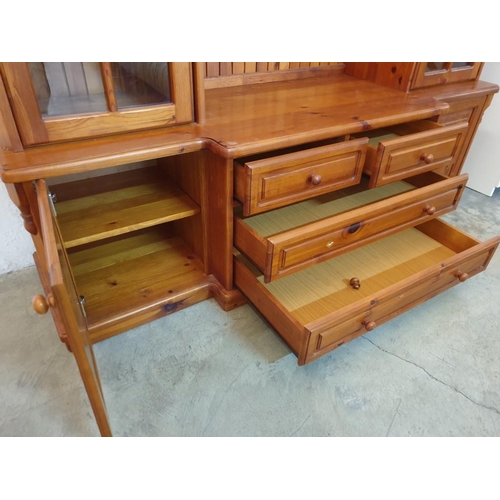 294 - Large Pine Display / Lounge Unit with 2 x Glass Doors, Arched & Carved Top, 3-Drawers and Cupboards,... 