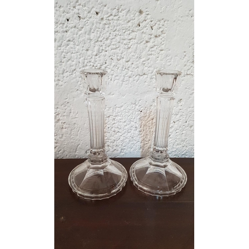 314 - Cut Glass Retro Glassware Square, 
Decanter with Stopper , Pair of Matching Candle Sticks and Pair o... 