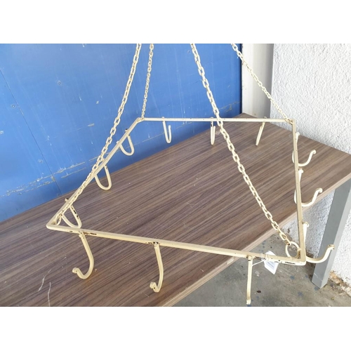 346 - Antique Painted Wrought Iron Kitchen Pot Rack; Hanging Square (Approx. 62 x 62cm) with 12 x Hooks