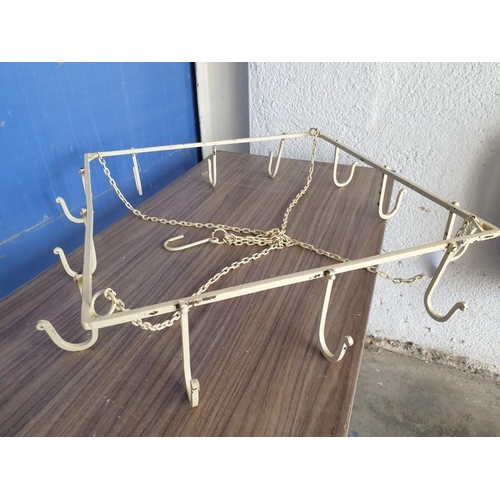 346 - Antique Painted Wrought Iron Kitchen Pot Rack; Hanging Square (Approx. 62 x 62cm) with 12 x Hooks