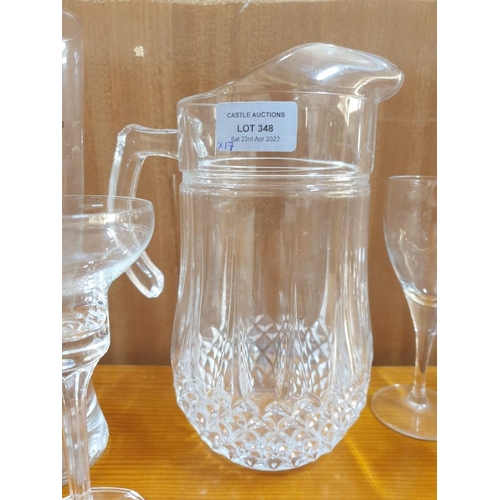 348 - Collection of Glassware; Large Jug, 5 x Crystal Wine Glasses, 5 x Wine Glasses, Large Keo Beer Glass... 