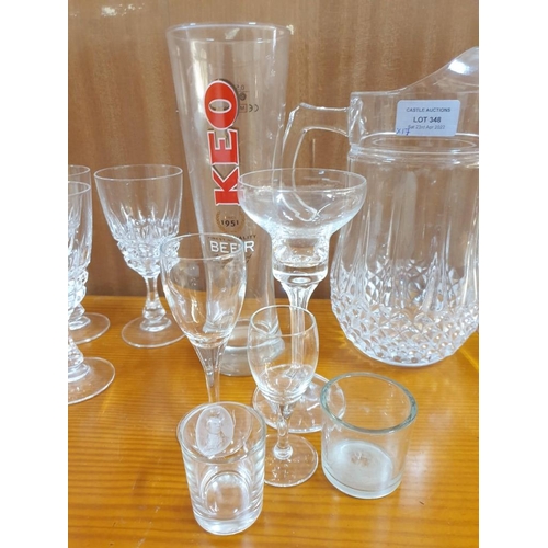 348 - Collection of Glassware; Large Jug, 5 x Crystal Wine Glasses, 5 x Wine Glasses, Large Keo Beer Glass... 