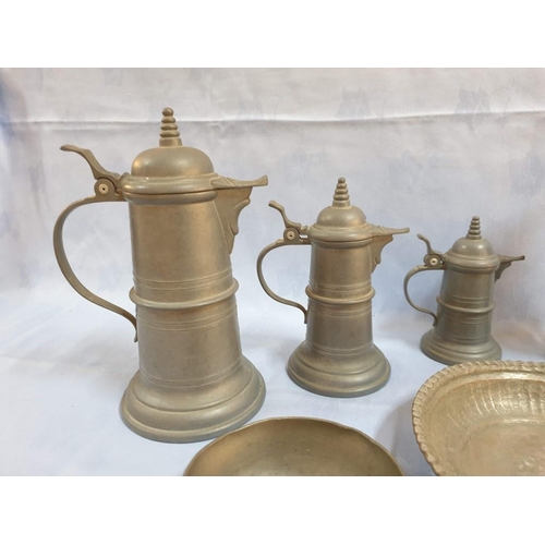 60 - Collection of Pewter Items; Set of 3 x Graduating Jugs, Decorative Vase, Cup, Tray / Bowl, Tankards ... 