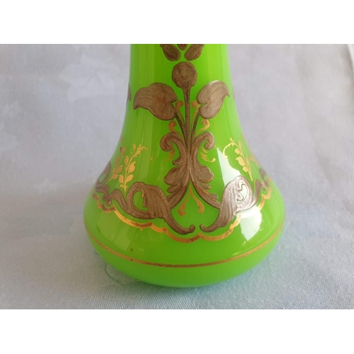 62 - Antique Green Glass Decanter with Gold Tone Floral Decoration and Original Matching Stopper (Overall... 