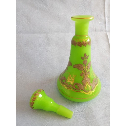 62 - Antique Green Glass Decanter with Gold Tone Floral Decoration and Original Matching Stopper (Overall... 