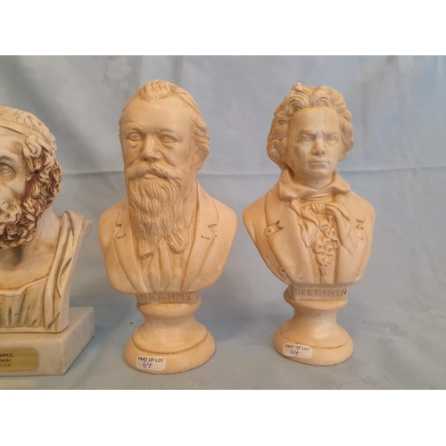 64 - Collection of Marble Effect and Plaster Busts; Brahms, Beethoven, Socrates and Homere (Ave. H: 22cm)... 