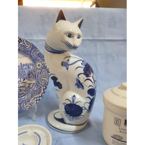 65 - Collection of China & Porcelain Items; 2 x Blue & White (English) Plates, Cat Ornament from Thailand... 