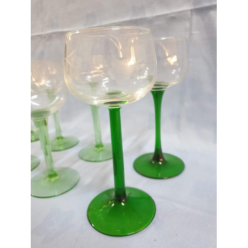 95 - Set of 6 x Vintage Wine Glasses with Green Stem, Together with Pair of Similar (8)