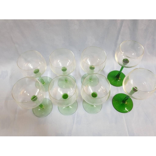 95 - Set of 6 x Vintage Wine Glasses with Green Stem, Together with Pair of Similar (8)