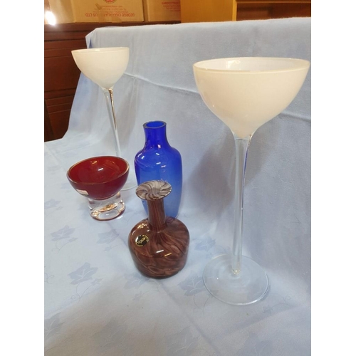 96 - Collection of Coloured Glassware; Red Dartington Glass Dish, Pair of White Glass / Candle Holders wi... 