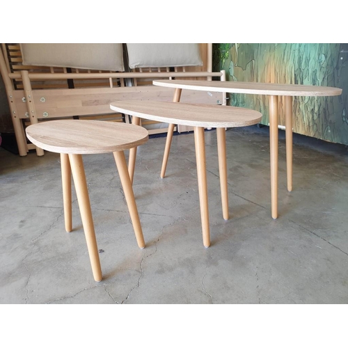 236 - Nest of 3-Tables, Light Wood Effect Pebble Shape with 3-Turned Wood Legs (3)