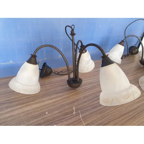 352 - Set of 3 x 'Biemme' (Italy) Hanging Ceiling Lights, Black Metal with Alabaster Shades; Pair of 3-Spo... 