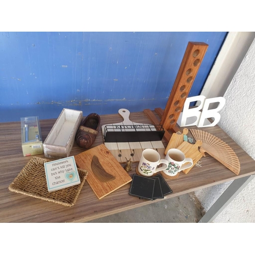 363 - Collection of Assorted Home Items; Wooden Free Standing Wine Bottle Holder, Wooden Chopping Boards, ... 