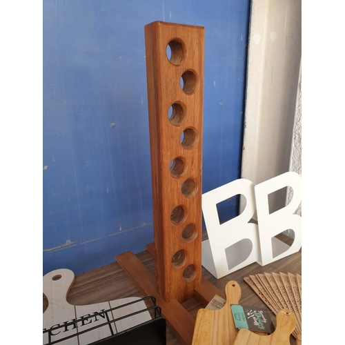 363 - Collection of Assorted Home Items; Wooden Free Standing Wine Bottle Holder, Wooden Chopping Boards, ... 