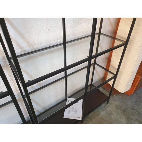 87 - Modern Black Metal Shelf Unit with Glass & Black Shelves; Ikea 'Vittsjo', (Approx. 100 x 36 x 175cm)