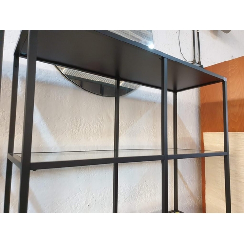 87 - Modern Black Metal Shelf Unit with Glass & Black Shelves; Ikea 'Vittsjo', (Approx. 100 x 36 x 175cm)