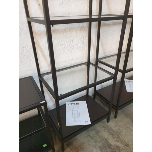 88 - Modern Black Metal Shelf Unit with Glass & Black Shelves; Ikea 'Vittsjo', (Approx. 51 x 36 x 175cm)