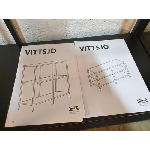 89 - 2 x Modern Black Metal Shelf Unit with Glass & Black Shelves; Ikea 'Vittsjo', (Approx. 100 x 36 x 94... 