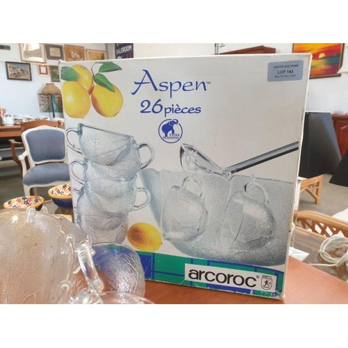 143 - Arcoroc (France) 'Aspen' Glass Punch Bowl with 12 x Hanging Glass Cups and Ladle, with Original Box