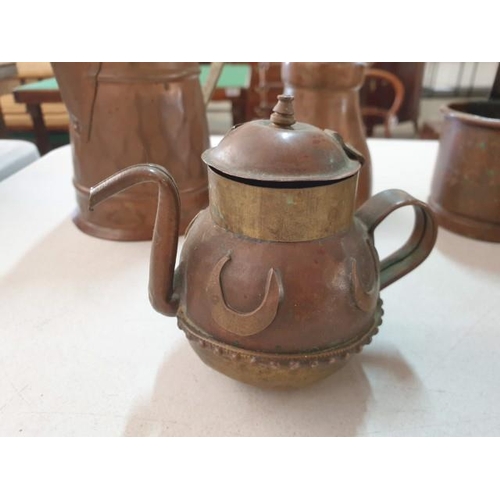 150 - Collection of Copper Items; 2 x Graduating Milk Measuring Cups with Long Handle, Coffee Pot, Jug, Sm... 