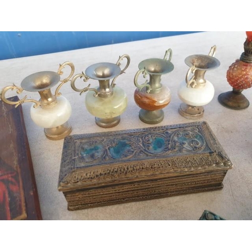 198 - Collection of Items; 4 x Vintage Icons on Board, 4 x Small Urns with Marble Effect, Oriental Lidded ... 