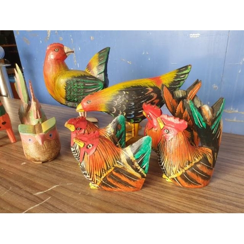 220 - Collection of 9 x Painted, Carved Wood Chicken / Rooster Ornaments (9)