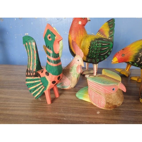 220 - Collection of 9 x Painted, Carved Wood Chicken / Rooster Ornaments (9)