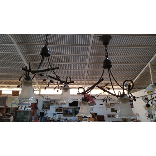 865 - Pair of Retro Hanging Lights with 3 - Arms Metal Art with Matt Glass Shades in Floral Shape