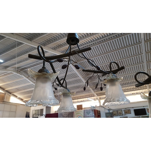 865 - Pair of Retro Hanging Lights with 3 - Arms Metal Art with Matt Glass Shades in Floral Shape