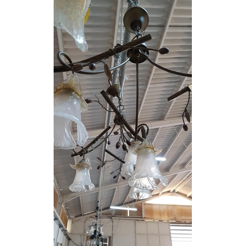 865 - Pair of Retro Hanging Lights with 3 - Arms Metal Art with Matt Glass Shades in Floral Shape