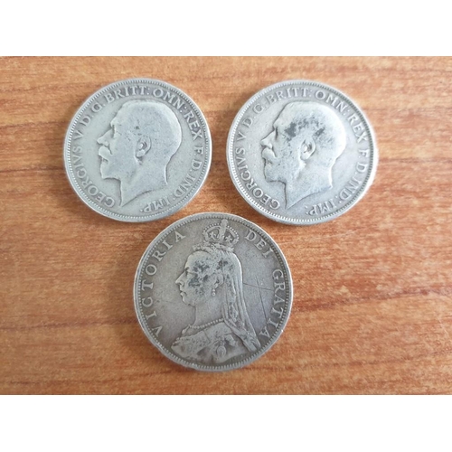 201 - 3 x Antique Sterling Silver (.925) British One Florin Coins, Dates; 1889, 1918 & 1919, (Total Weight... 