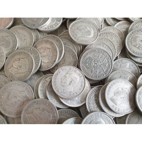 208 - Huge Quantity / Collection of Silver (.500) British Two Shilling Coins (George V, 1920-1946), (Total... 