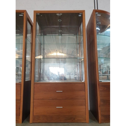 216 - Retro Style Teak Effect 3 - Sided Display Cabinet with Mirror Back, 2 x Glass Shelves & Recessed Lig... 