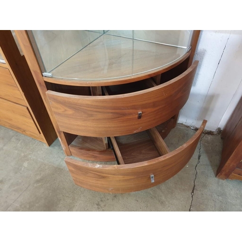 216B - Retro Style Teak Effect Curved Corner Display Cabinet with Mirror Back, 2 - Glass Shelves, Recessed ... 