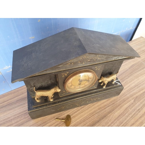 110A - Vintage Slate Lincoln Style Mantel Clock with 2 x Brass Dogs, Key Wind Movement (Running When Lotted... 