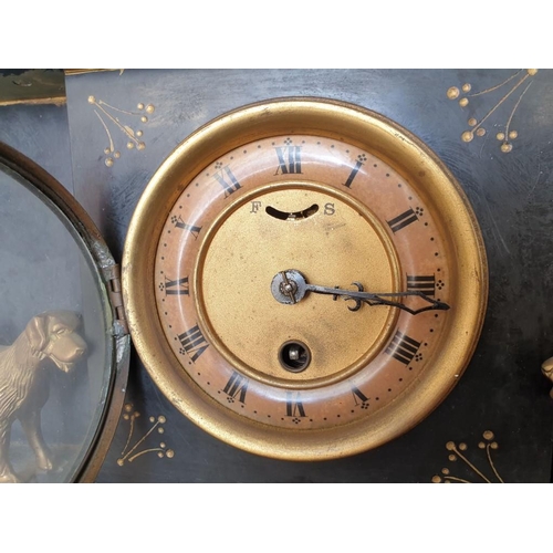 110A - Vintage Slate Lincoln Style Mantel Clock with 2 x Brass Dogs, Key Wind Movement (Running When Lotted... 