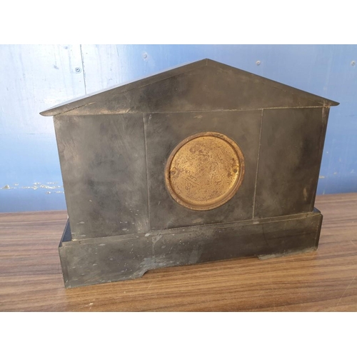 110A - Vintage Slate Lincoln Style Mantel Clock with 2 x Brass Dogs, Key Wind Movement (Running When Lotted... 