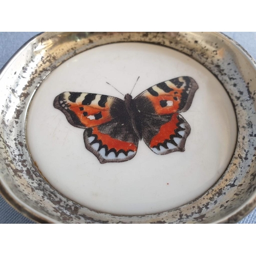 73B - Antique Aynsley Pin Dish with Hand Painted Butterfly and Sterling Silver Surround (Reg. 451882), (Ap... 