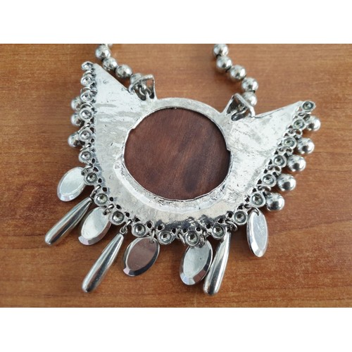 157 - Decorative White Metal Bedouin Style Necklace with Round Wood Centre, Hanging Parts and Bead Necklac... 