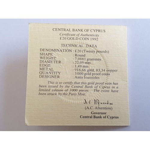 100C - Cyprus 1992 £20 Gold Proof Coin in Capsule and Presentation Case; 22ct Gold, 7.98g, Ø: 22mm, Limited... 