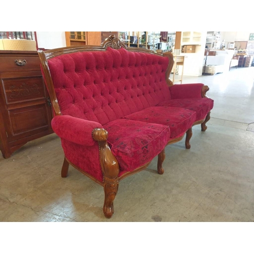 125A - Antique Style Classical 3-Seat Sofa in Red Fabric With Button Back and Carved Wood Surround Over Cab... 