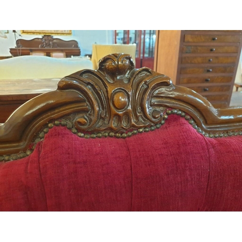 125A - Antique Style Classical 3-Seat Sofa in Red Fabric With Button Back and Carved Wood Surround Over Cab... 