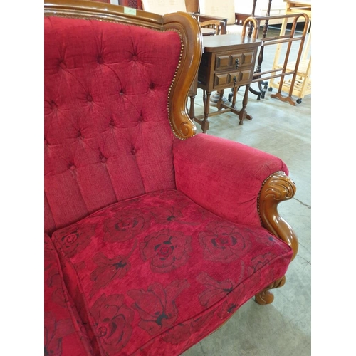 125A - Antique Style Classical 3-Seat Sofa in Red Fabric With Button Back and Carved Wood Surround Over Cab... 