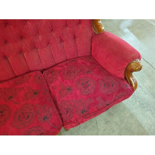 125A - Antique Style Classical 3-Seat Sofa in Red Fabric With Button Back and Carved Wood Surround Over Cab... 