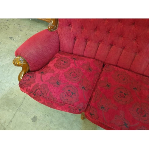 125A - Antique Style Classical 3-Seat Sofa in Red Fabric With Button Back and Carved Wood Surround Over Cab... 