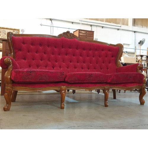 125A - Antique Style Classical 3-Seat Sofa in Red Fabric With Button Back and Carved Wood Surround Over Cab... 