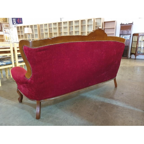 125A - Antique Style Classical 3-Seat Sofa in Red Fabric With Button Back and Carved Wood Surround Over Cab... 