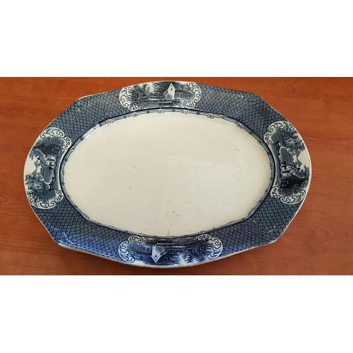 851 - Large Oval Antique Blue / White Dish (33 x 45.5cm), (A/F)