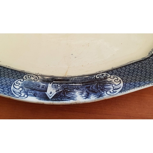 851 - Large Oval Antique Blue / White Dish (33 x 45.5cm), (A/F)